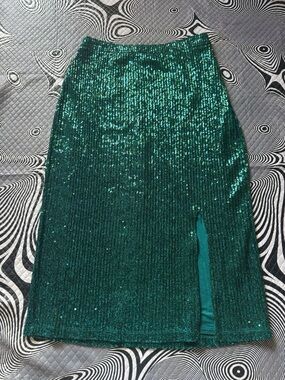 Maeve Green Sequin Pencil Skirt with Front Slit